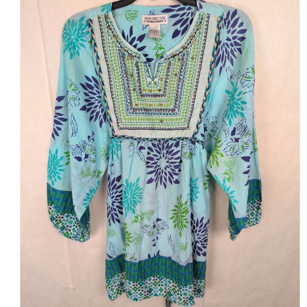 New Direction blue embroidered cotton floral dress Size Lrg Boho Cottage Retro